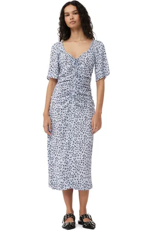 Ganni Printed Crepe U-Neck Midikjole I Blue Dame Størrelse 44 Kortærmet
