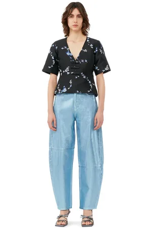 Ganni /Blue 3D Jacquard V-Neck Bluse Dame Størrelse 34 Kortærmet
