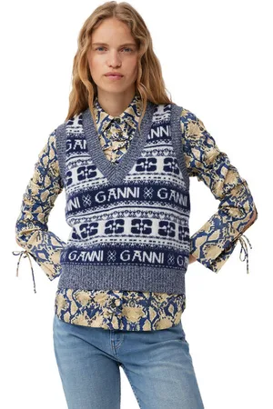 Ganni Blue Logo Wool Mix Vest I Navy Dame Størrelse Xxs