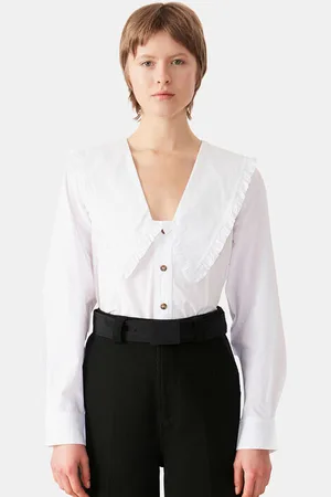 Ganni Ruffled Drop Shoulder Skjorte I White Dame Størrelse 42 Bomuld