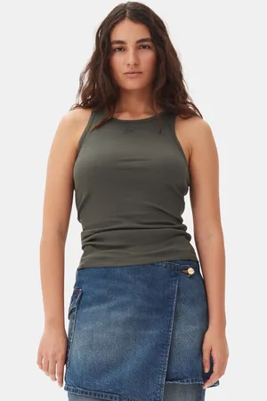 Ganni Green Soft Cotton Rib Tank Top I Dame Størrelse 2Xl
