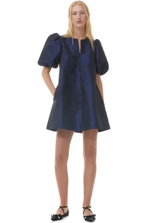 Ganni Blue Shiny Taffeta Minikjole I Dame Størrelse 32 Kortærmet