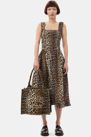 Ganni Printed Cotton Poplin Midi Strap Smock Kjole I Mixed Dame Størrelse 34