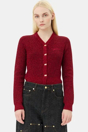 Ganni Red Sparkle Short Cardigan I Dame Størrelse L Metallic Fiber/Nylon/Genanvendt Polyester