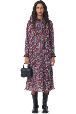 Ganni Red Pleated Georgette Midikjole I Dame Størrelse 34 Genanvendt Polyester