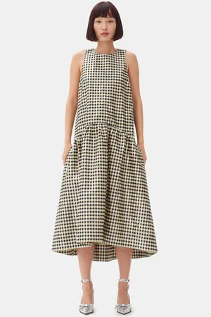 Ganni Shiny Check Jacquard Midikjole I Dame Størrelse 36 Økologisk Bomuld/Polyester