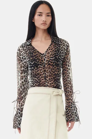 Ganni Leopard Printed Chiffon Slim Skjorte I Dame Størrelse 40 Genanvendt Polyester