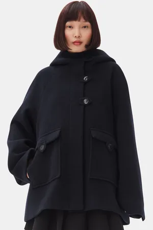 Ganni Dark Blue Midijakke I Navy Dame Størrelse S/M Polyester/Genanvendt Uld