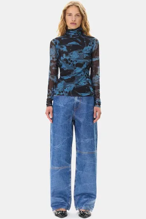 Ganni Blue Printed Mesh Long Sleeve Rullekravebluse I Dame Størrelse 42