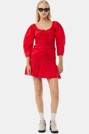 Ganni Red Cotton Poplin Gathered U-Neck Minikjole I Dame Størrelse 32