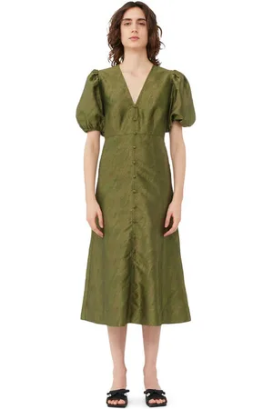 Ganni Shiny Jacquard V-Neck Midikjole I Green Dame Størrelse 32 Kortærmet