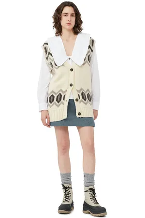 Ganni White Oversized Chunky Wool Vest Dame Størrelse S/M Økologisk Uld Uden Ærmer
