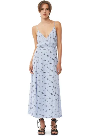 Ganni Printed Georgette Strap Wrapkjole I Blue Dame Størrelse 32 Viskose Med Stropper
