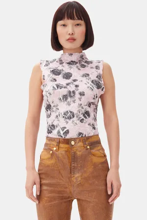 Ganni Pink Floral Printed Top I Dame Størrelse L/Xl Genanvendt Polyester