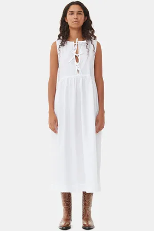 Ganni White Cotton Poplin Midikjole Dame Størrelse 34 Uden Ærmer