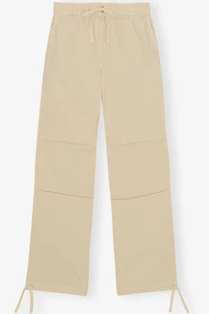 Ganni Washed Cotton Canvas Draw String Bukser I Pale Khaki Dame Størrelse 44
