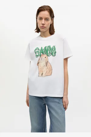Ganni White Graphic Bunny Jersey T-Shirt Dame Størrelse M Short Sleeved