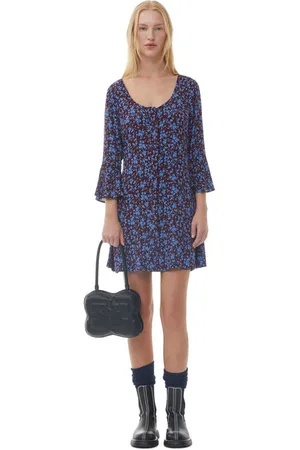 Ganni Printed Crepe U-Neck Minikjole I Red Dame Størrelse 38 Langærmet