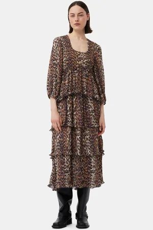 Ganni Leopard Pleated Georgette Flounce Smock Midikjole I Dame Størrelse 34 Genanvendt Polyester 3/4 Sleeve