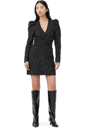 Ganni Jacquard V-Neck Minikjole Dame Størrelse 42 Langærmet