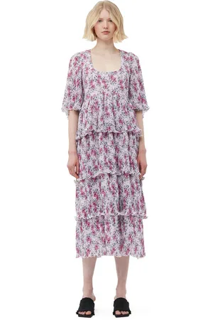 Ganni Pleated Georgette Flounce Smock Midikjole I Dame Størrelse 36 Genanvendt Polyester Kortærmet