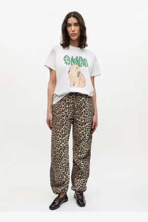 Ganni Leopard Washed Cotton Canvas Drawstring Bukser I Dame Størrelse 34