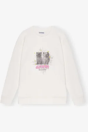 Ganni White Kittens Sweatshirt Dame Størrelse S/M