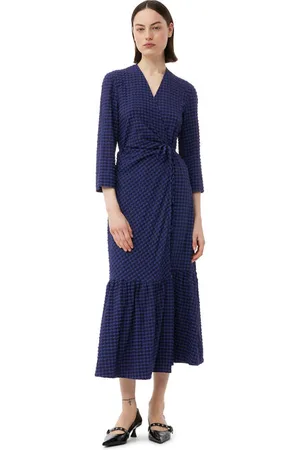 Ganni Blue Checkered Seersucker Gathered Wrap Midikjole I Dame Størrelse 36