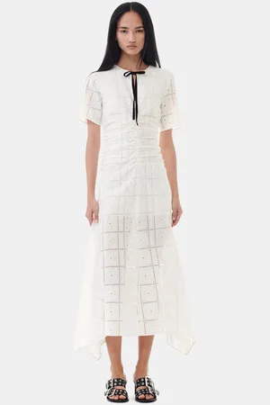 Ganni White Broderie Anglaise Long Kjole Dame Størrelse 40