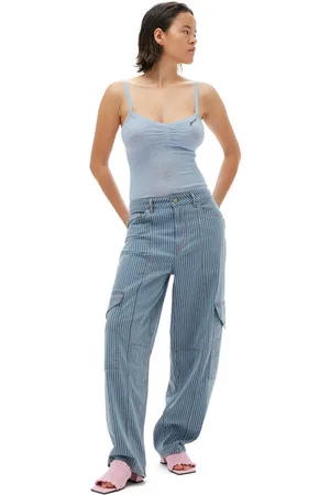 Ganni Light Stripe Denim Cargo Bukser I Mid Blue Stone Dame Størrelse 28