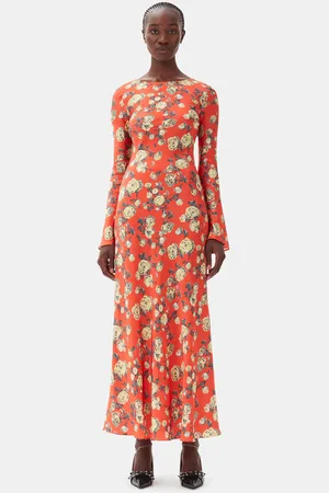 Ganni Orange Floral Printed Satin Maxikjole I Dame Størrelse 32 Spandex/Viskose