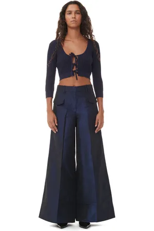 Ganni Blue Shiny Taffeta Wide High-Waisted Bukser I Sodalite Blue Dame Størrelse 36