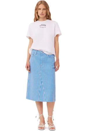 Ganni Re-Cut Striped Denim Midinederdel I Dame Størrelse 34