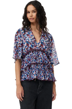 Ganni Pleated Georgette V-Neck Flounce Bluse I Mixed Dame Størrelse 34 Genanvendt Polyester