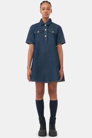 Ganni Dark Blue Denim Minikjole I Navy Dame Størrelse 32 Kortærmet