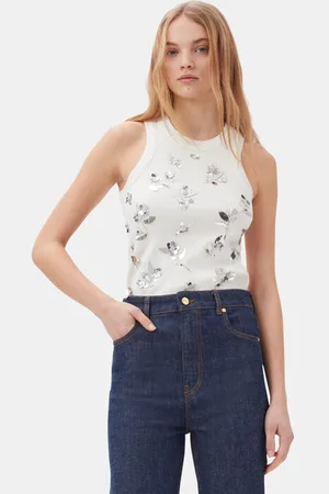 Ganni White Rib Jersey Embellished Tank Top Dame Størrelse 34