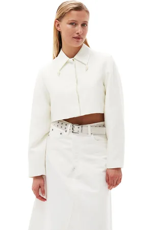 Ganni Slub Linen Cropped Blazer I White Dame Størrelse 32 Lenzing Ecovero/Linen/Polyester Langærmet