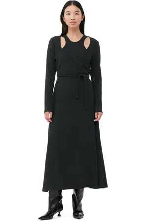 Ganni Black Rib Jersey Wrap Maxikjole I Grey Dame Størrelse 38 Langærmet
