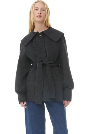 Ganni Grey Wool Collar Jakke I Mixed Dame Størrelse 32 Polyamid/Polyester/Genanvendt Uld Langærmet