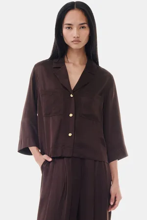 Ganni Brown Washed Satin Crop Skjorte Dame Størrelse 34