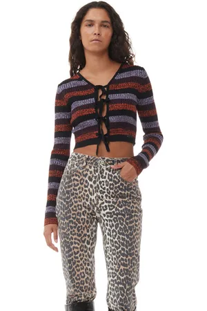 Ganni Striped Merino Rib Cropped Cardigan I Mixed Dame Størrelse S Merino Uld Langærmet