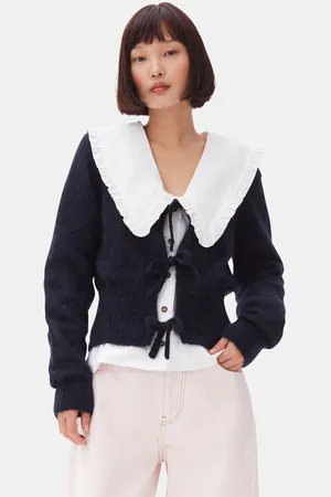 Ganni Dark Blue Tie String Cardigan I Navy Dame Størrelse M