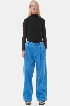 Ganni Blue Corduroy Loose Pleat Bukser I Silver Lake Blue Dame Størrelse 36