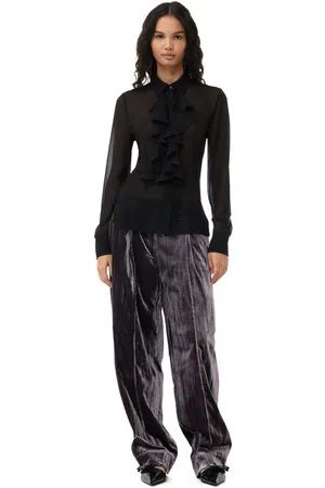 Ganni Grey Striped Velvet Relaxed Pleated Bukser I Mixed Dame Størrelse 34