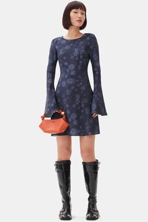 Ganni Dark Blue Floral Printed Minikjole I Dame Størrelse 40 Spandex/Viskose