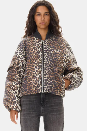 Ganni Printed Canvas Oversized Short Bomberjakke I Dame Størrelse S/M Hamp/Økologisk Bomuld