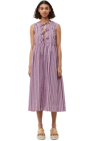 Ganni Striped Cotton Midikjole I Dame Størrelse 44 Uden Ærmer