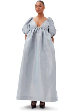 Ganni Light Blue Shiny Taffeta Long Kjole I Dame Størrelse 40