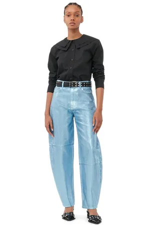 Ganni Blue Foil Stary Jeans Dame Størrelse 24