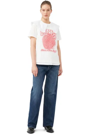 Ganni Strawberry Relaxed T-Shirt I White Dame Størrelse Xxs Kortærmet